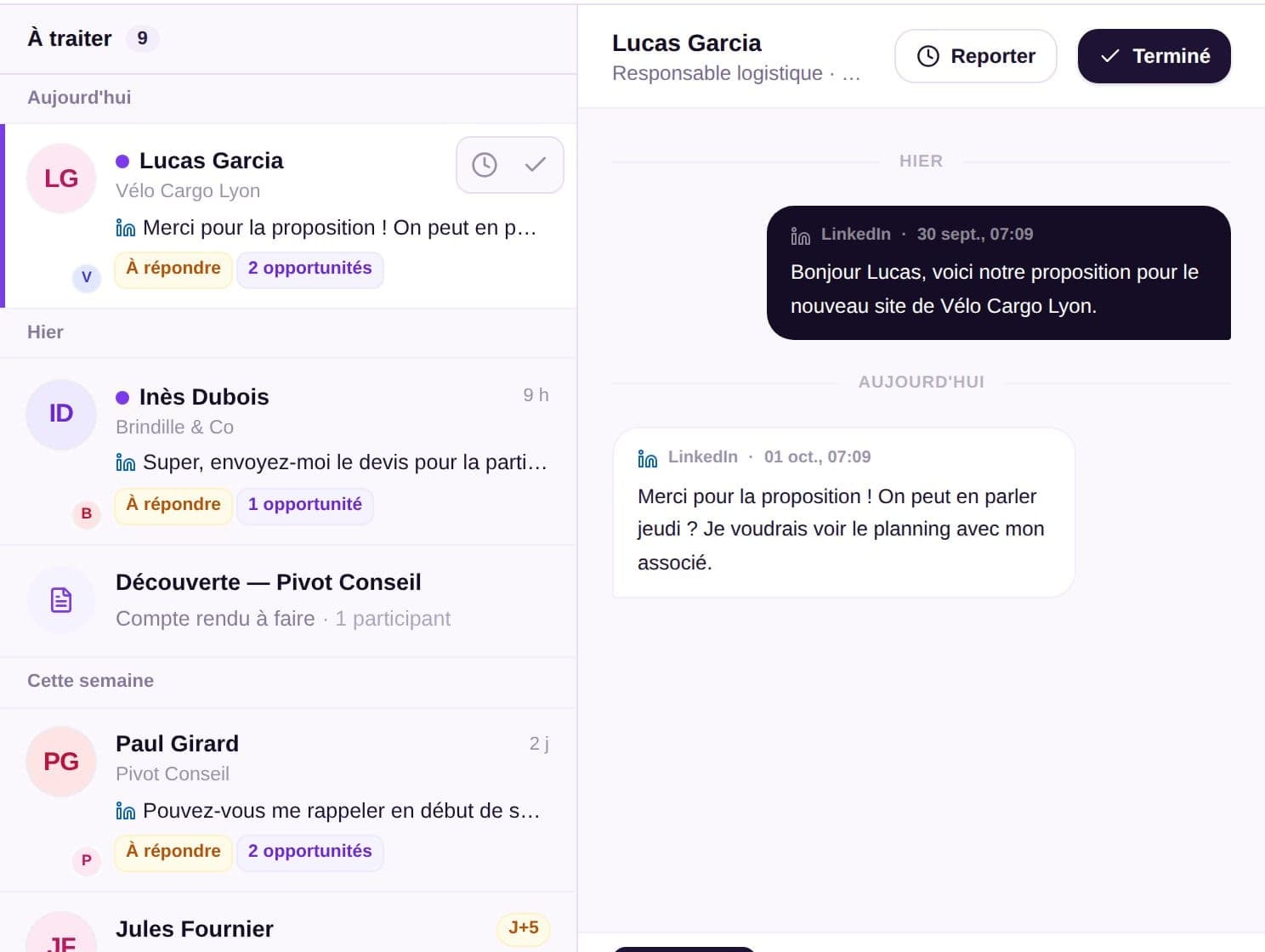 L’Inbox de Chamallo : un message LinkedIn avec la fiche du contact et ses opportunités
